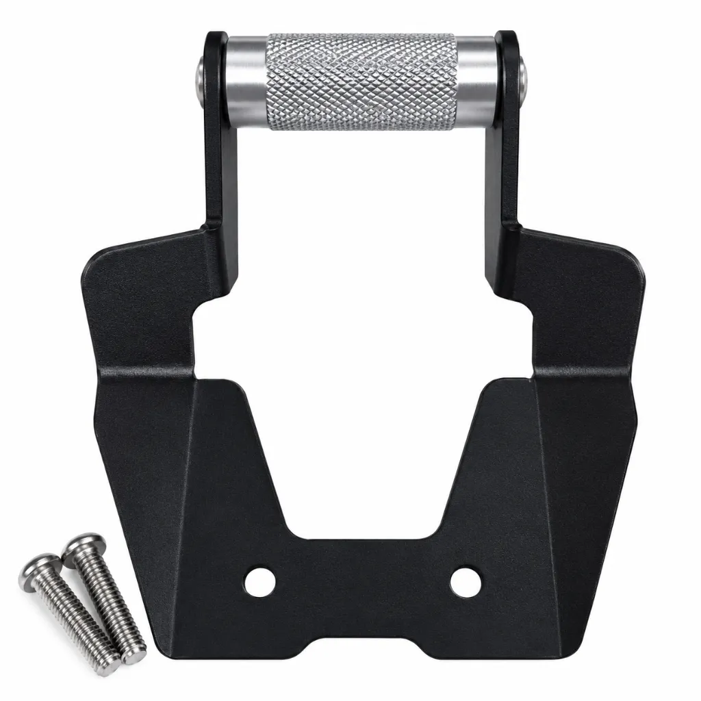 Soporte negro con rodillo plateado y tornillos.webp